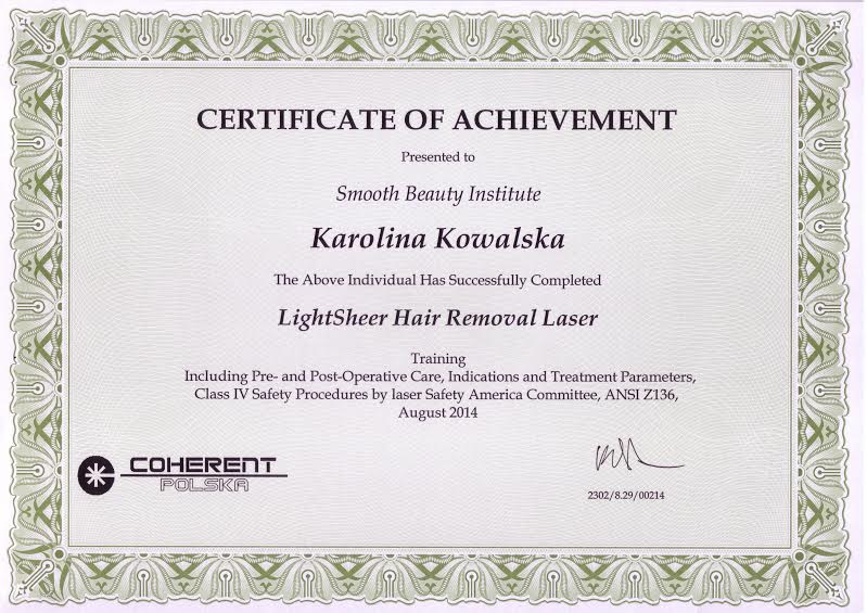 Certyfikat depilacja laserowa Smooth Beauty